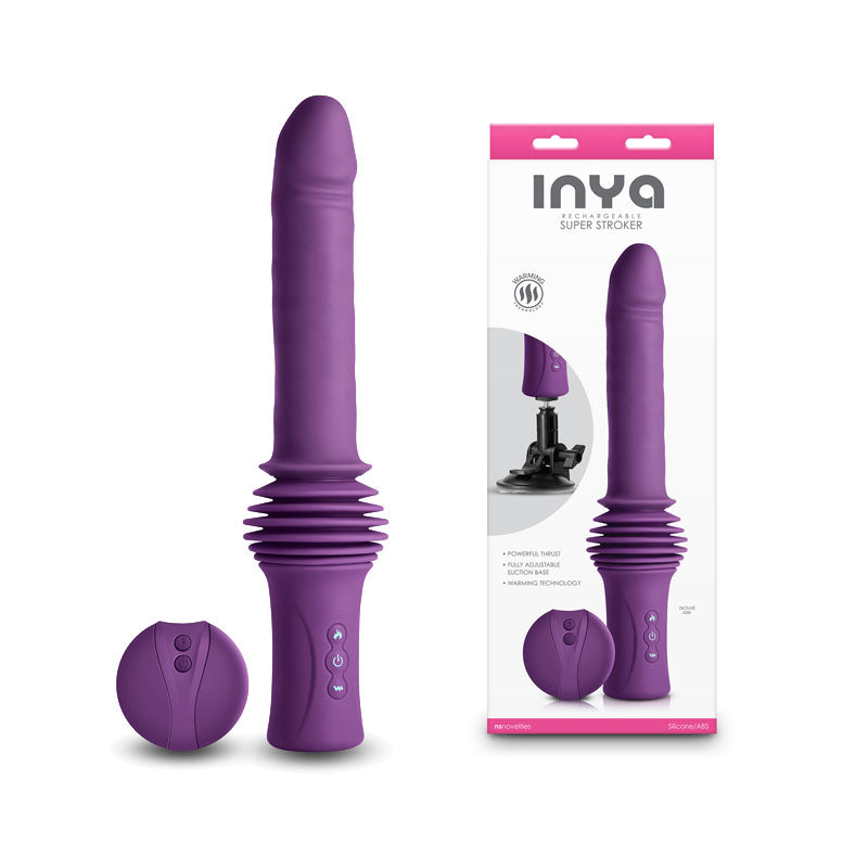 INYA Super Stroker -  -  36.8 cm USB Rechargeable Thrusting Vibrator with Remote Control & Stand next to its packaging.