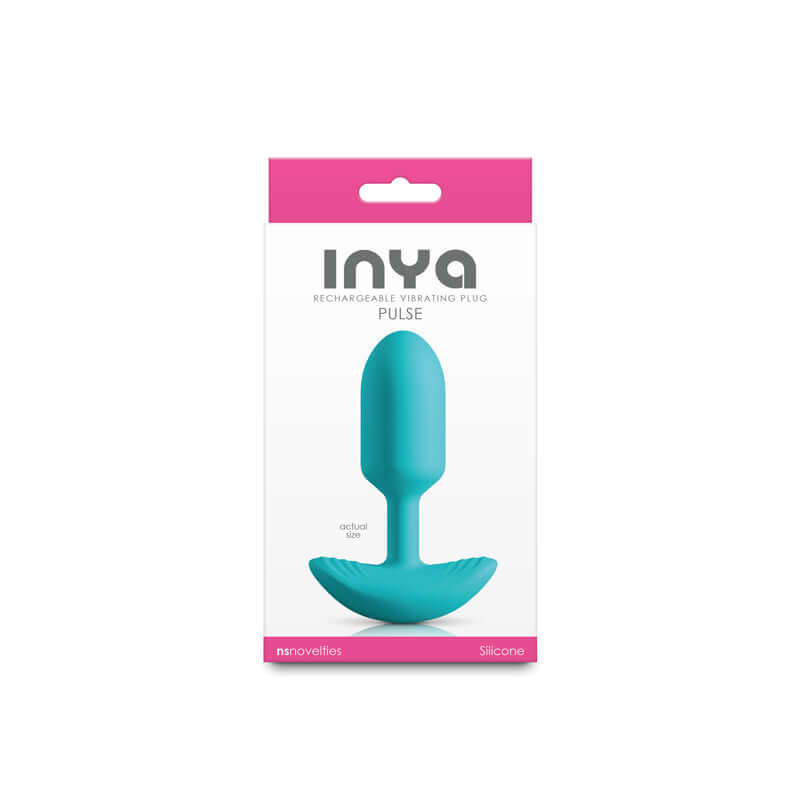 INYA Pulse Teal 11 cm USB rechargeable vibrating butt plug in packaging, showcasing its silicone material.