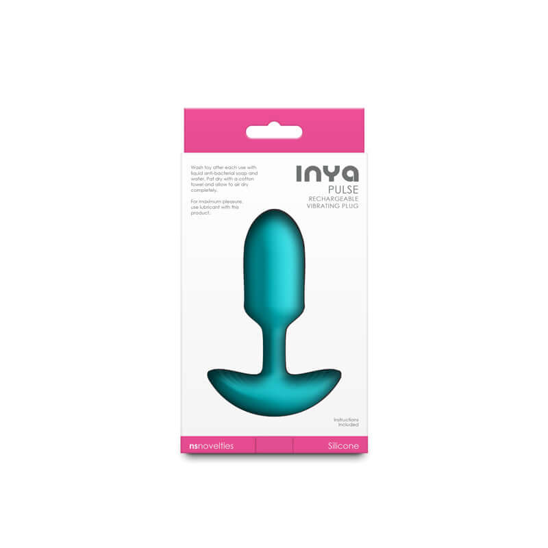 INYA Pulse - Teal rechargeable vibrating butt plug teal packaging, showcasing the product's design and features.