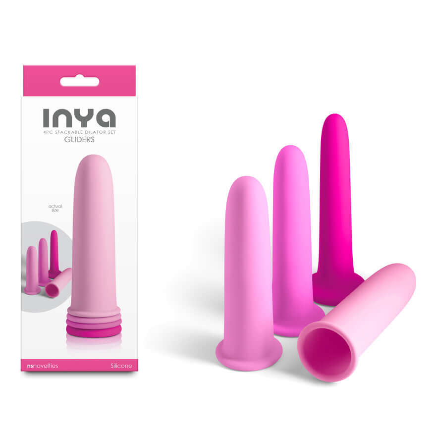 INYA Gliders 4 Piece Dilator Set for sexual wellness with three silicone sleeves and a base.