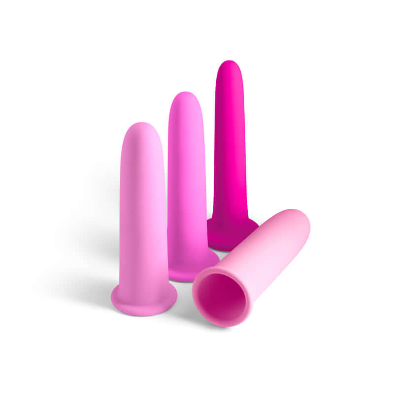INYA Gliders four-piece dilator set for sexual wellness featuring stackable silicone sleeves in pink.