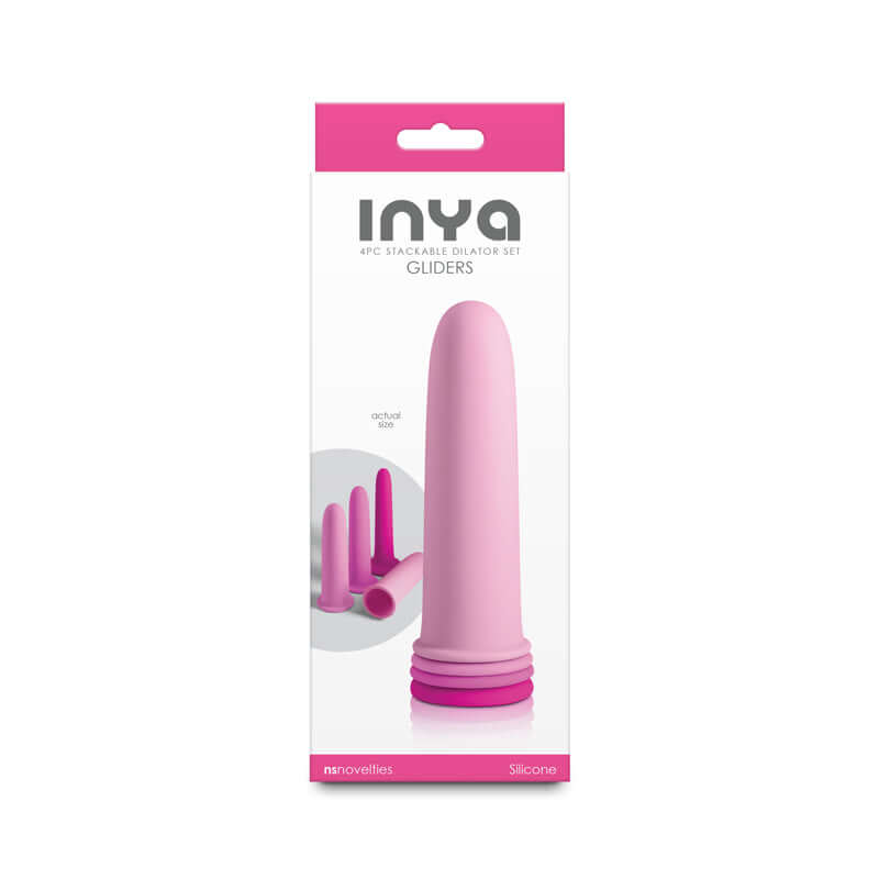INYA Gliders 4 piece dilator set for sexual wellness, body-safe silicone, stackable sleeves in packaging.