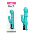 INYA Cyberluxe - Aqua - Aqua 18 cm USB Rechargeable Rabbit Vibrator with Sliding Ring Shaft packaging and product image.