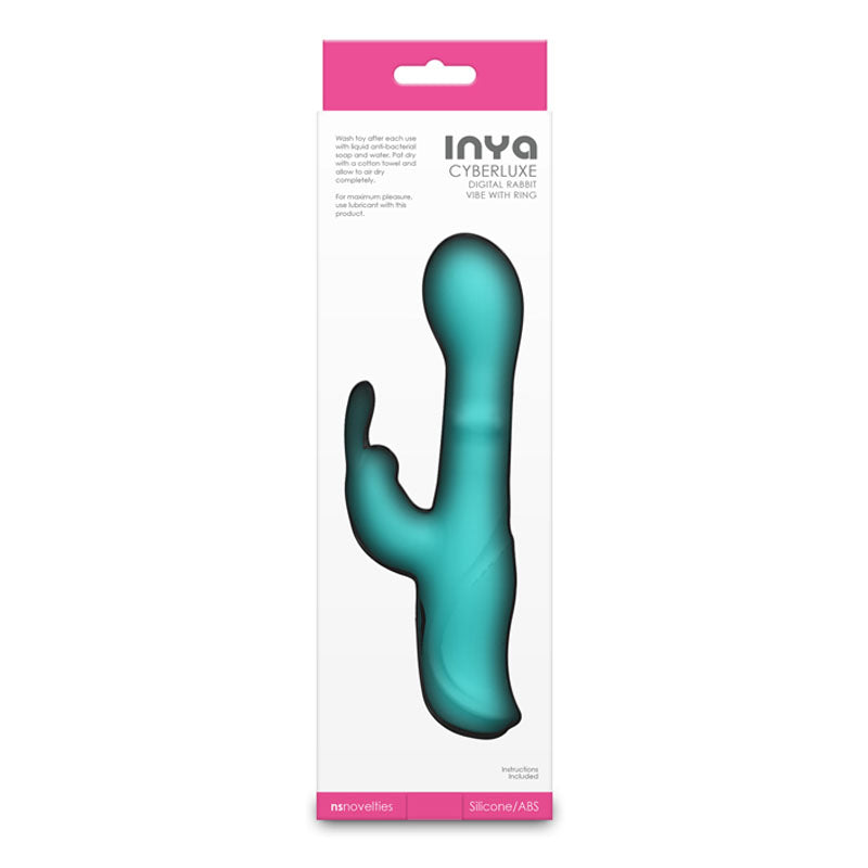 INYA Cyberluxe - Aqua - Aqua 18 cm USB Rechargeable Rabbit Vibrator with Sliding Ring Shaft packaging design.