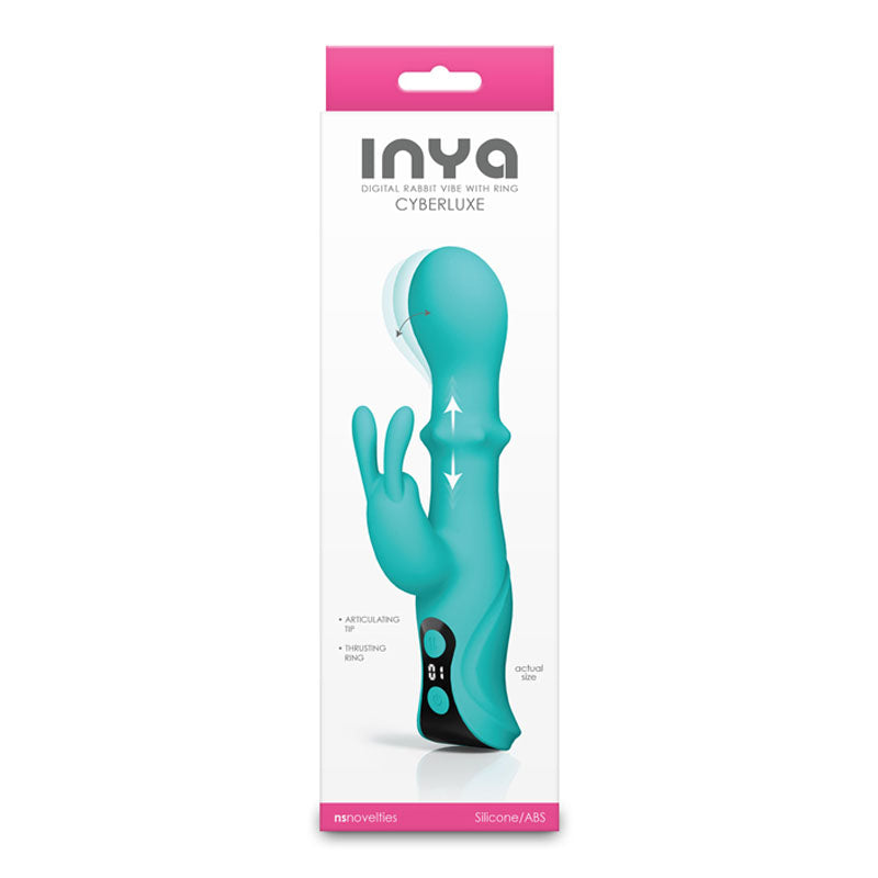 INYA Cyberluxe - Aqua - Aqua 18 cm USB Rechargeable Rabbit Vibrator with Sliding Ring Shaft packaging.
