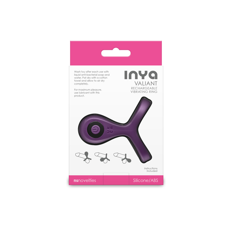 INYA Valiant - Berry -  USB Rechargeable Vibrating Cock Ring packaging with product features.