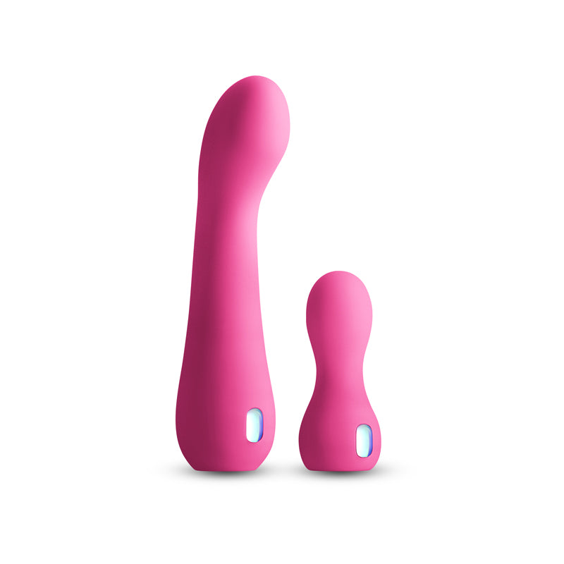 INYA Couplet -  -  USB Rechargeable Vibrators - Set of 2 Sizes in pink silicone, showcasing curved and bullet designs.