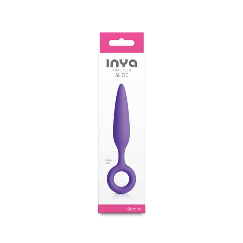 INYA Slide 12.7 cm anal plug in purple packaging, ideal for beginners, made of silicone and designed for comfort and control.