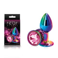 Rear Assets Multi  Small - Multi  Small Metal Butt Plug with Pink Gem Base next to packaging.