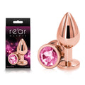 Rear Assets Rose Gold Medium - Rose Gold Medium Metal Butt Plug with Pink Gem Base on display with packaging.