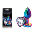 Rear Assets Multi  Heart - Multi  Small Metal Butt Plug with Clear Heart Gem Base in vibrant colors.