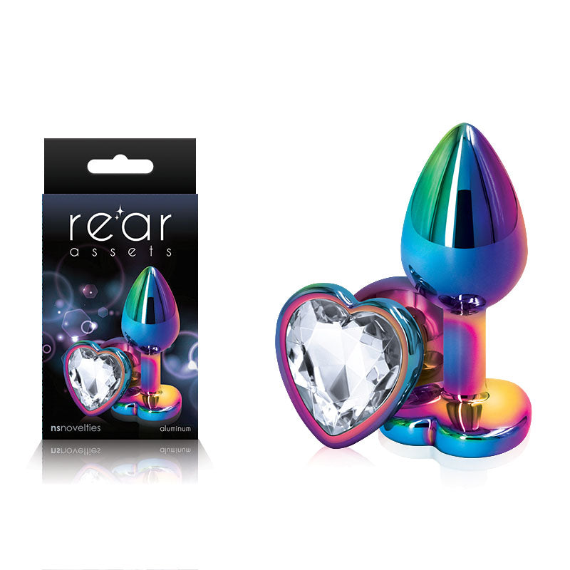 Rear Assets Multi  Heart - Multi  Small Metal Butt Plug with Clear Heart Gem Base in vibrant colors.