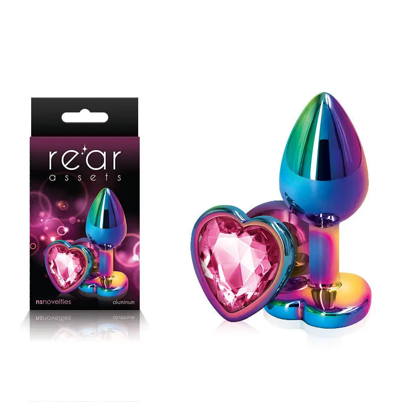 Rear Assets Multi  Heart - Multi  Small Metal Butt Plug with Pink Heart Gem Base NS Novelties Discreet Intimate Essentials.
