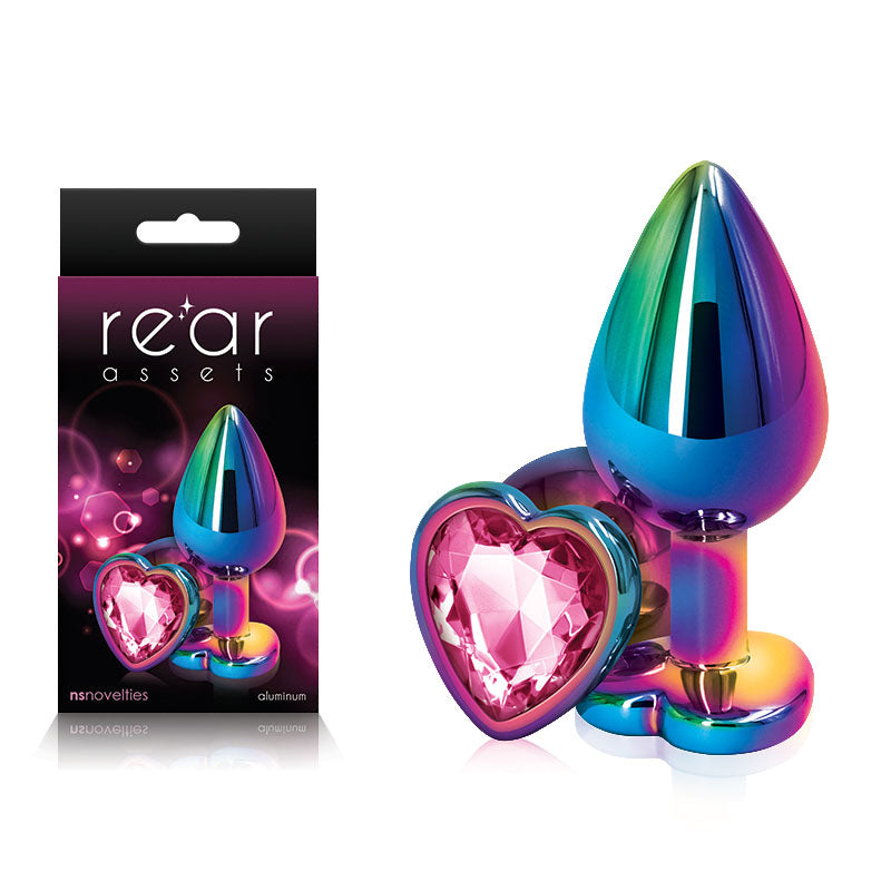 Rear Assets Multi  Heart - Multi  Medium Metal Butt Plug with Pink Heart Gem Base displayed with packaging.