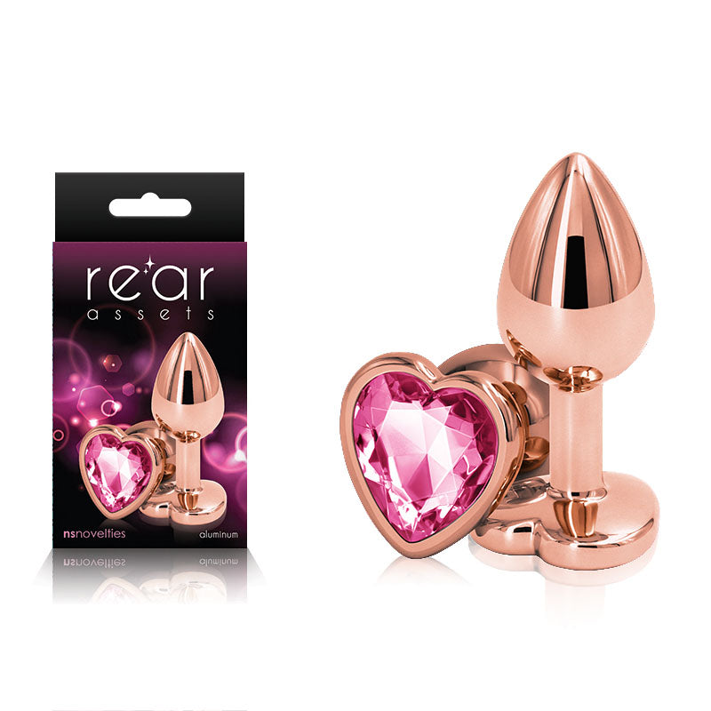 Rear Assets Rose Gold Heart Small - Rose Gold Small Metal Butt Plug with Pink Heart Gem Base.