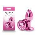 Rear Assets - Small -  -  7.1 cm Small Metal Butt Plug with  Round Gem Base in pink aluminum with packaging.