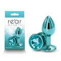 Rear Assets - Small - Teal - Teal 7.1 cm Small Metal Butt Plug with Teal Round Gem Base displayed with packaging.