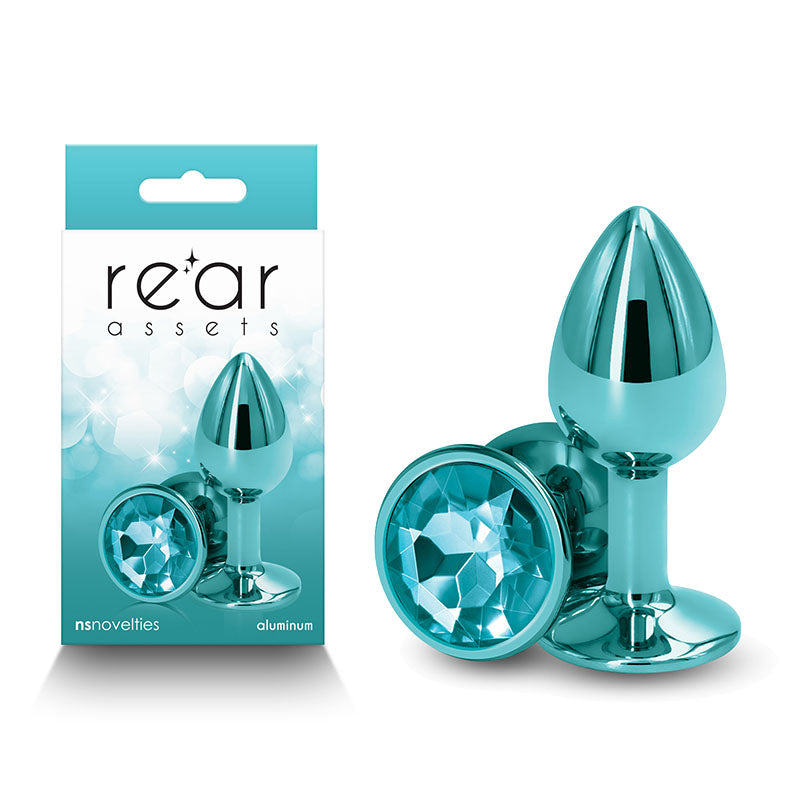 Rear Assets - Small - Teal - Teal 7.1 cm Small Metal Butt Plug with Teal Round Gem Base displayed with packaging.