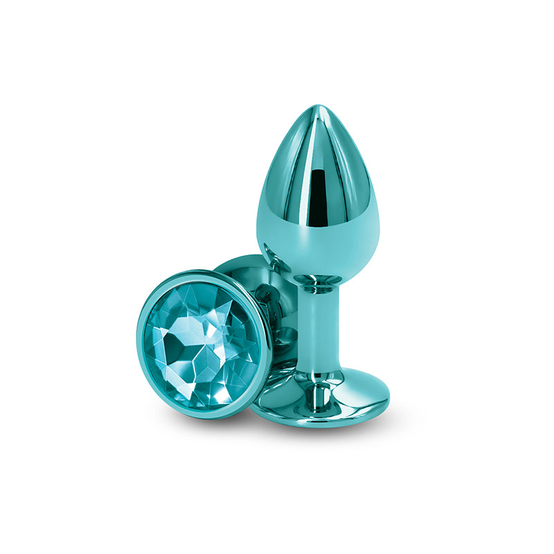 Rear Assets - Small - Teal - Teal 7.1 cm Small Metal Butt Plug with Teal Round Gem Base on a white background.
