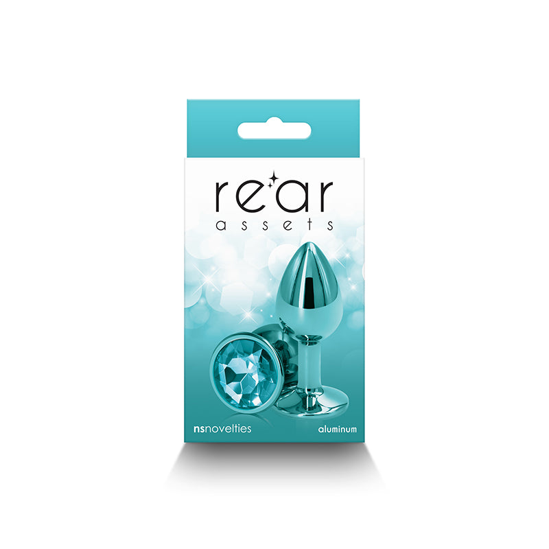 Rear Assets - Small - Teal - Teal 7.1 cm Small Metal Butt Plug with Teal Round Gem Base packaging on display.