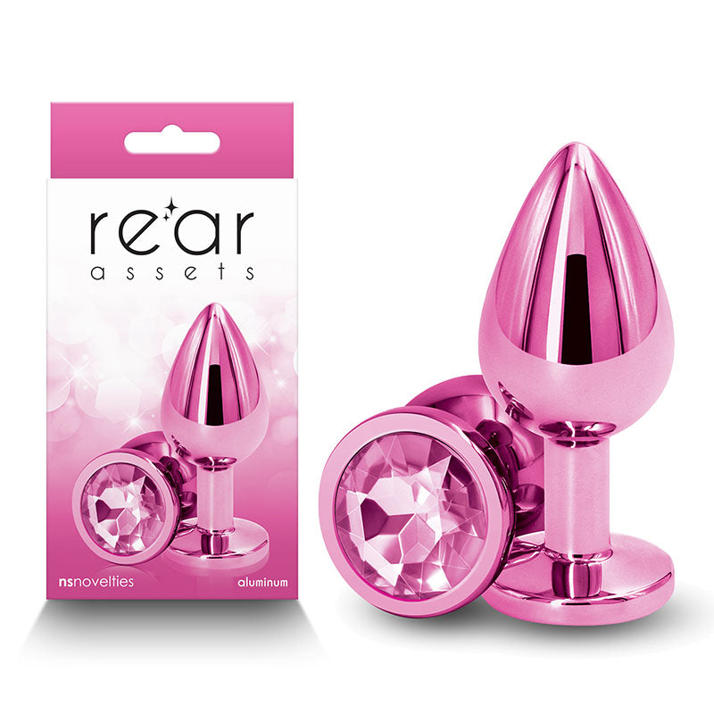Rear Assets - Medium -  -  8.2 cm Medium Metal Butt Plug with  Round Gem Base in pink aluminum packaging.