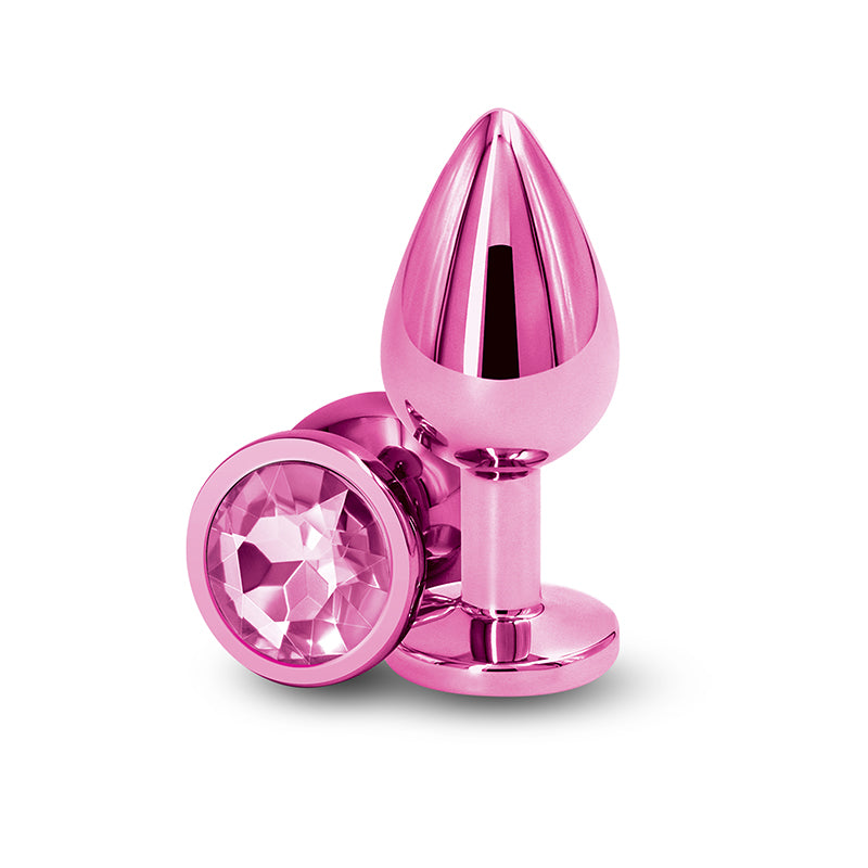 Rear Assets - Medium -  -  8.2 cm Medium Metal Butt Plug with  Round Gem Base in pink chrome finish.