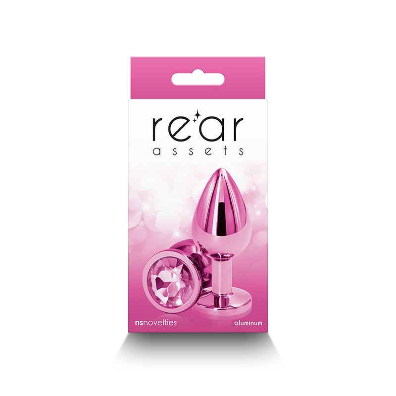 Rear Assets - Medium -  -  8.2 cm Medium Metal Butt Plug with  Round Gem Base packaging displayed on pink background.