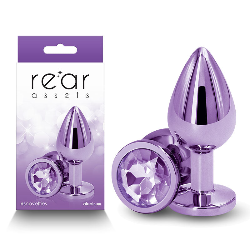 Rear Assets - Medium -  -  8.2 cm Medium Metal Butt Plug with  Round Gem Base in purple packaging.