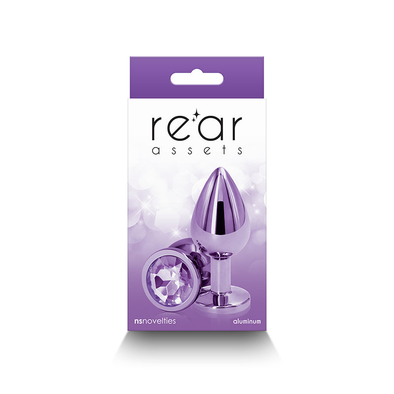 Rear Assets - Medium -  -  8.2 cm Medium Metal Butt Plug with  Round Gem Base packaging with purple design.