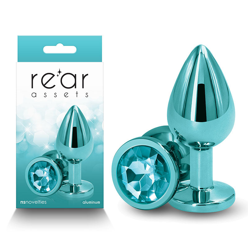 Rear Assets - Medium - Teal - Teal 8.2 cm Medium Metal Butt Plug with Teal Round Gem Base next to packaged design.