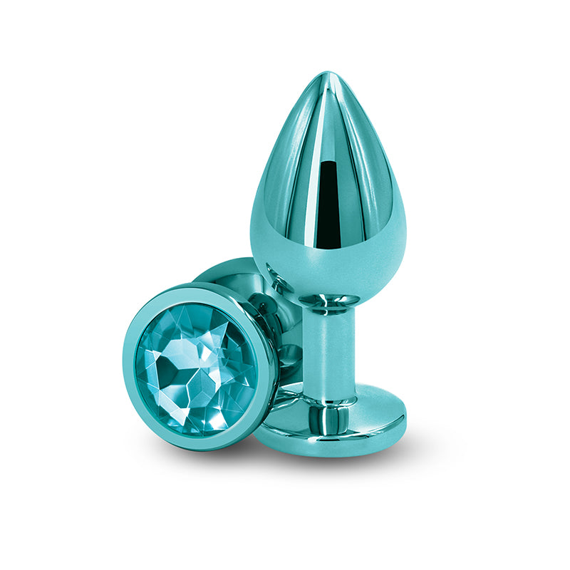 Rear Assets - Medium - Teal - Teal 8.2 cm Medium Metal Butt Plug with Teal Round Gem Base.