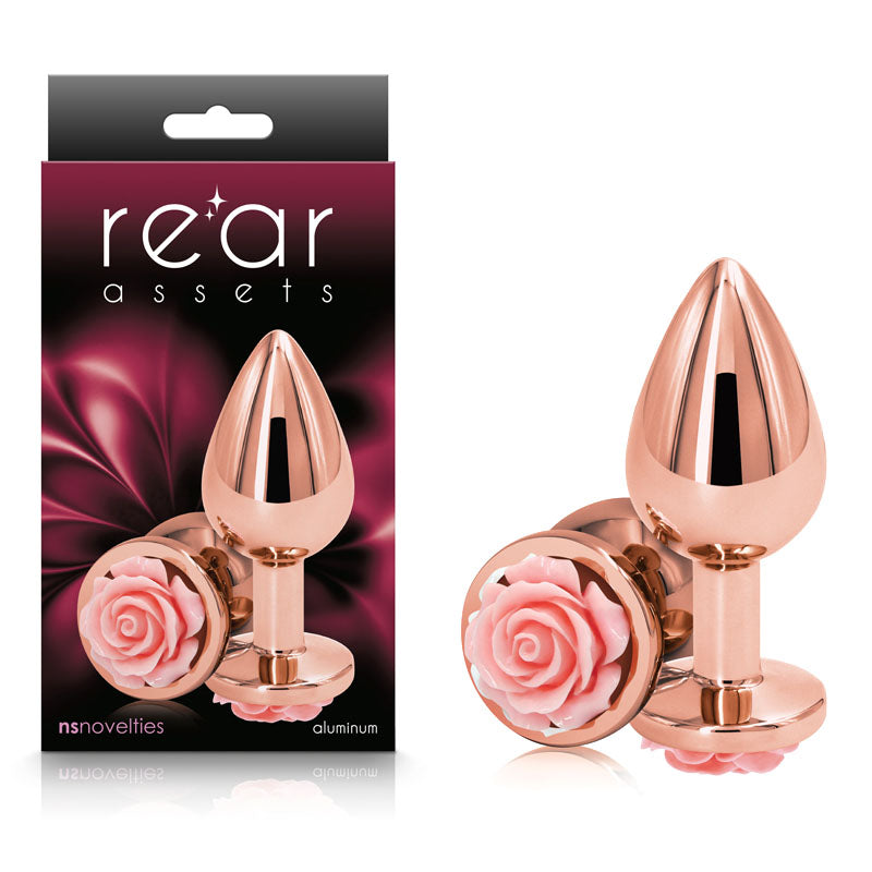 Rear Assets Rose - Medium -  8.9 cm Metal Butt Plug with Pink Rose Base showcased in elegant packaging.