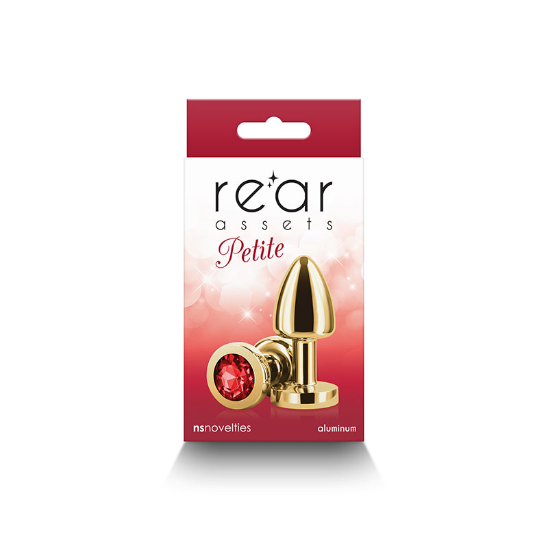Rear Assets Petite - Gold with Red Gem - Gold 6 cm Metal Butt Plug with Red Round Gem Base packaging image.