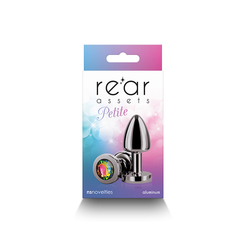 Rear Assets Petite - Gunmetal with Rainbow Gem - Gunmetal 6 cm Metal Butt Plug with Rainbow Round Gem Base packaging.