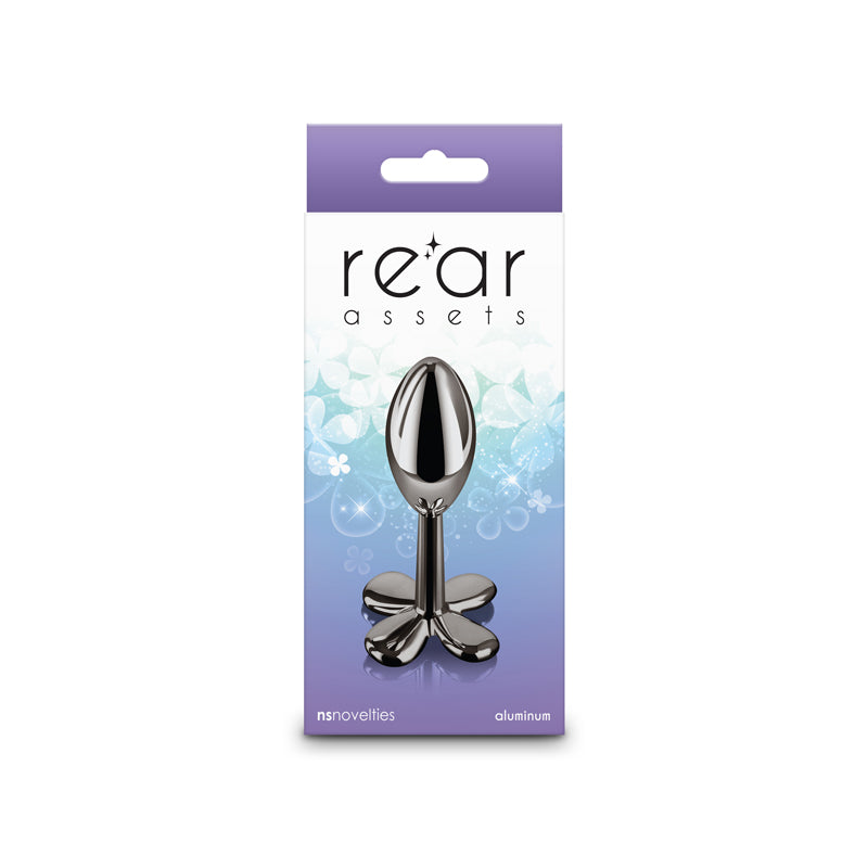 Rear Assets Clover - Gunmetal - Gunmetal 9.2 cm Metallic Butt Plug packaging design with floral background.