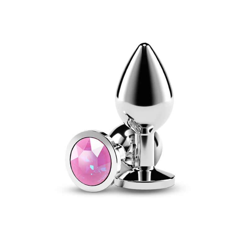 pink gem anal plug - chrome-plated aluminum medium butt plug with pink gem base for sensual excitement