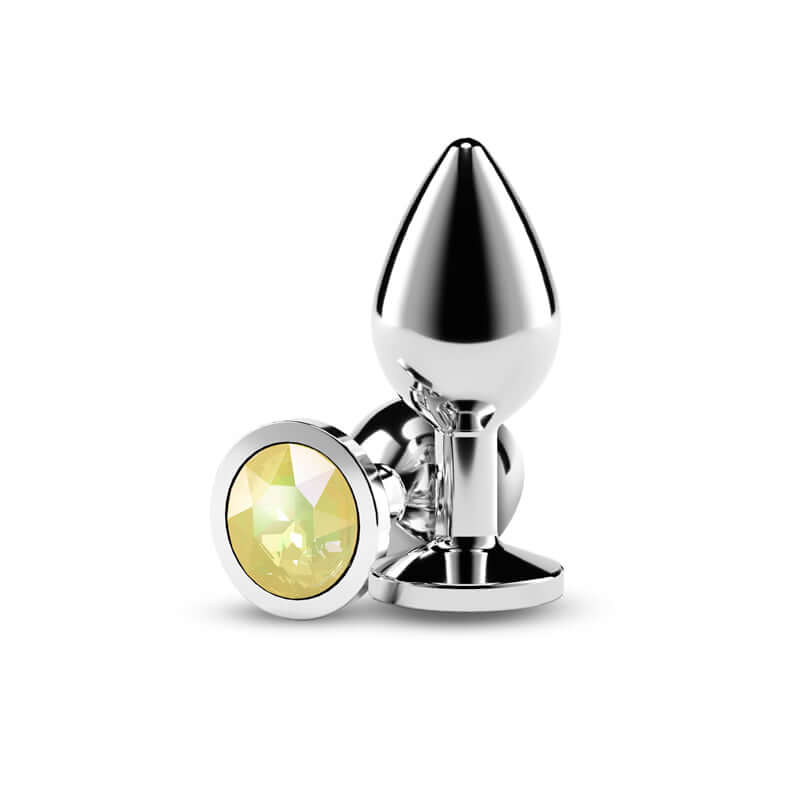 Yellow gem aluminum butt plug with chrome-plated finish, designed for visual and sensual excitement.