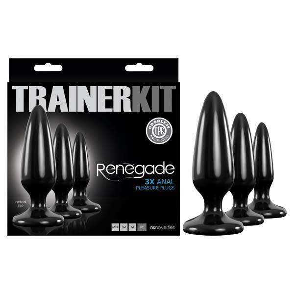 Renegade Pleasure Plug Trainer Kit - Butt Plugs - Set of 3 Sizes featuring tapered black anal plugs in packaging.