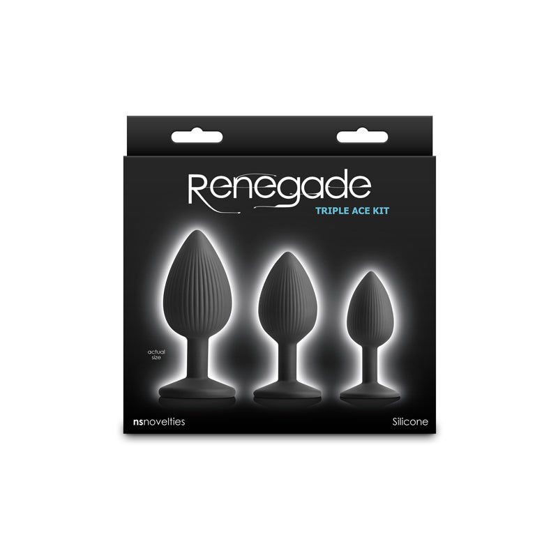 Renegade Triple Ace Kit -  -  Butt Plugs - Set of 3 Sizes in black silicone packaging.