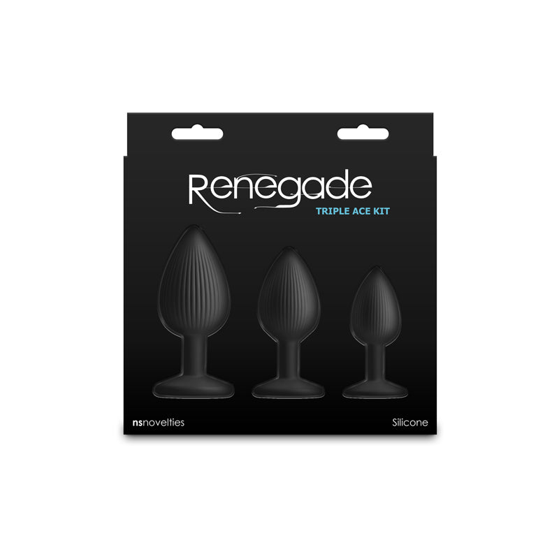Renegade Triple Ace Kit -  - Butt Plugs - Set of 3 Sizes in sleek black silicone with textured design and strong suction base.