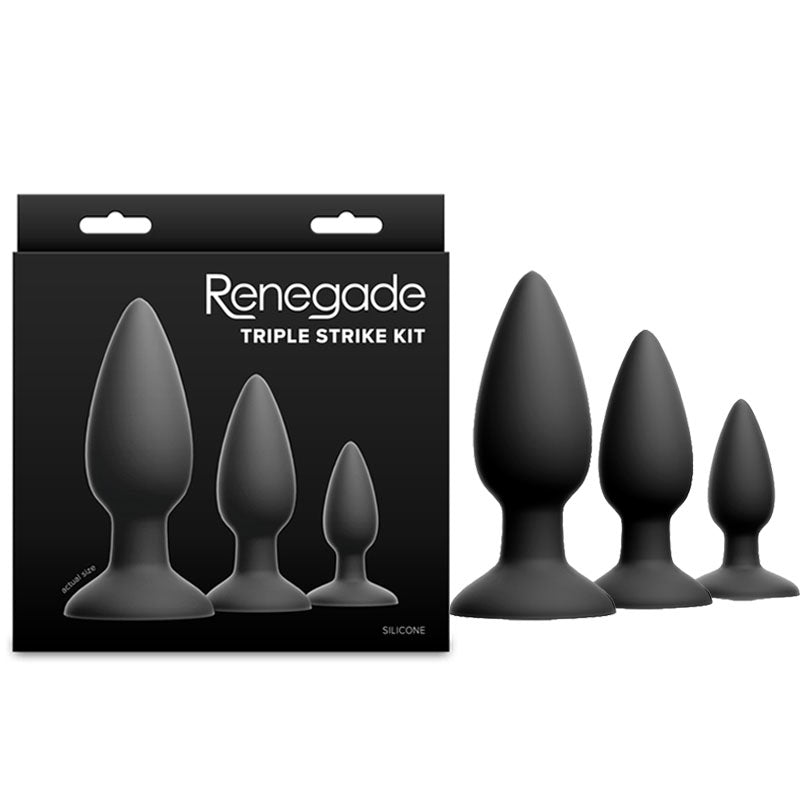 Renegade Triple Strike Kit -  -  Butt Plugs - Set of 3 Sizes in black silicone with tapered tips for easy insertion.