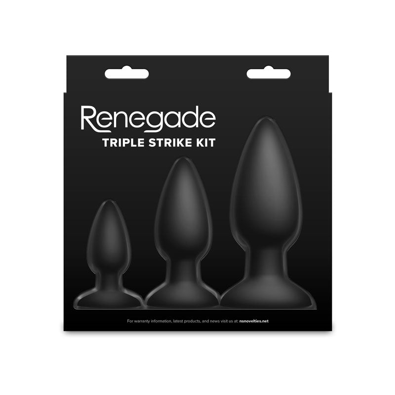 Renegade Triple Strike Kit -  -  Butt Plugs - Set of 3 Sizes, featuring three graduated black silicone plugs.