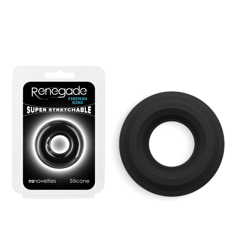 Renegade Fireman Ring - Small -  -  Small Cock Ring on display with packaging, made from soft silicone.