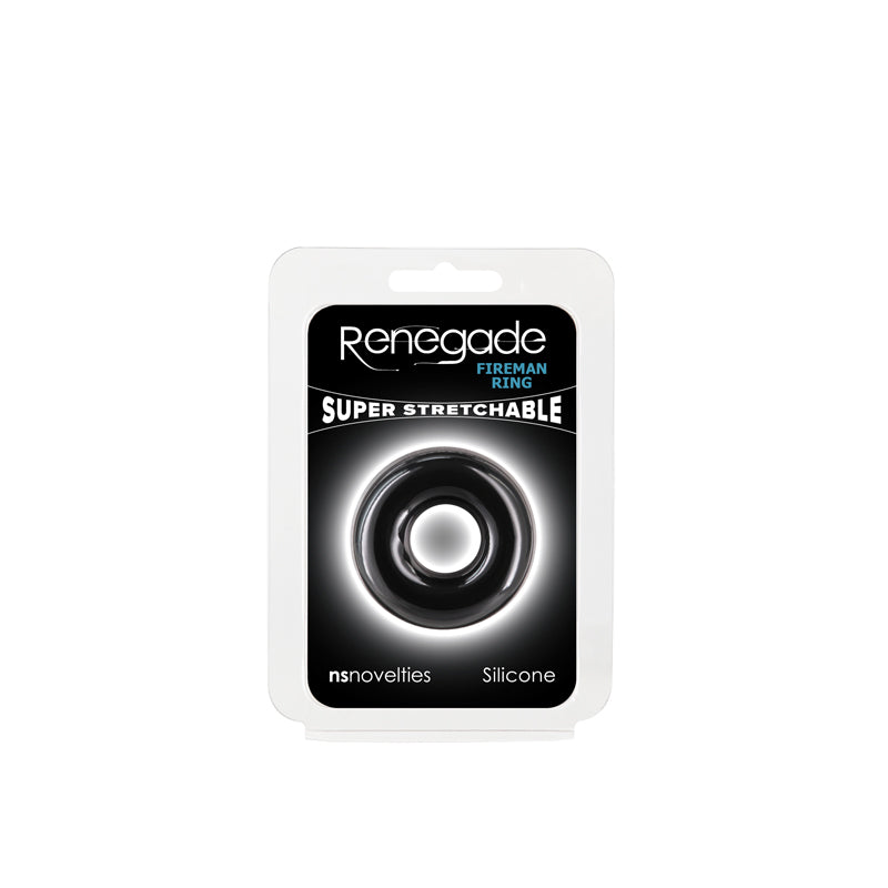 Renegade Fireman Ring - Small -  -  Small Cock Ring packaging featuring a black silicone ring.
