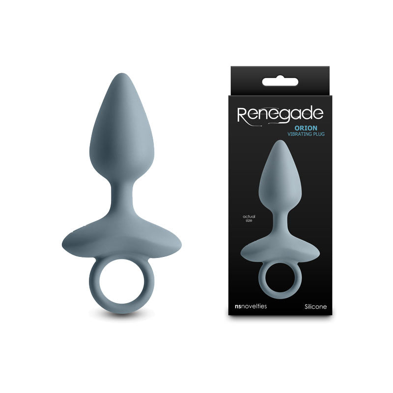Renegade Orion - Grey - Grey 13 cm USB Rechargeable Vibrating Butt Plug displayed with packaging.
