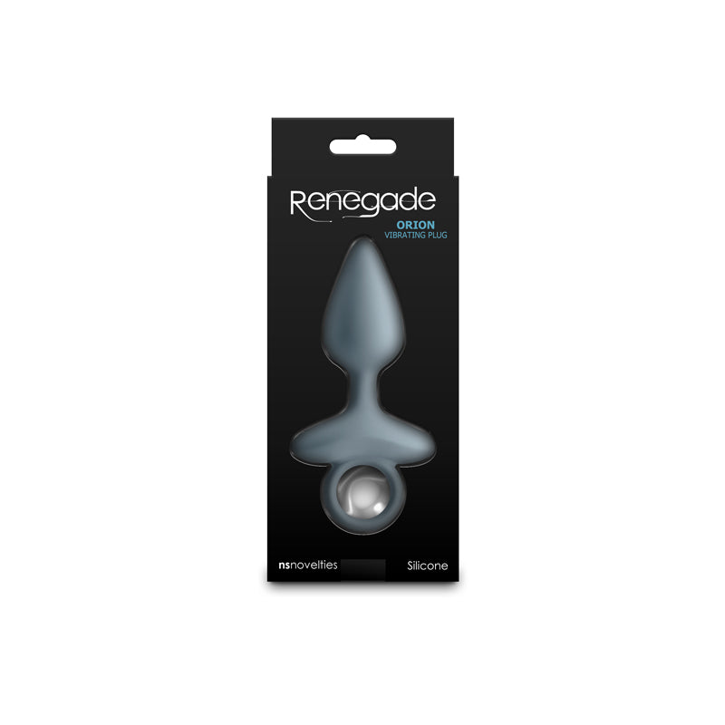 Renegade Orion - Grey - Grey 13 cm USB Rechargeable Vibrating Butt Plug packaging with elegant design and body-safe silicone.