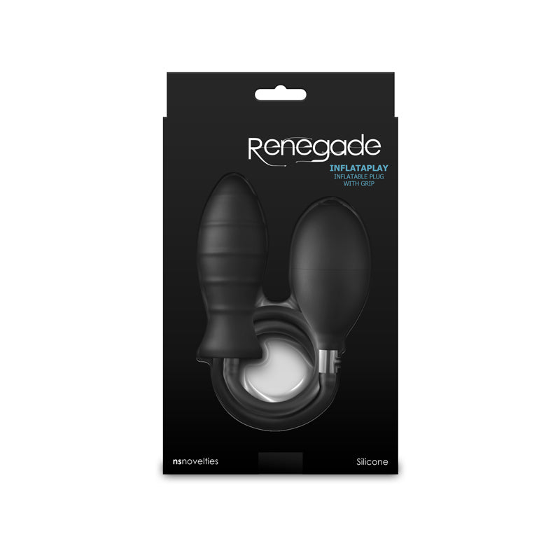 Renegade InflataPlay -  -  10.5 cm Inflatable Butt Plug in packaging showcasing the black design and inflation feature.
