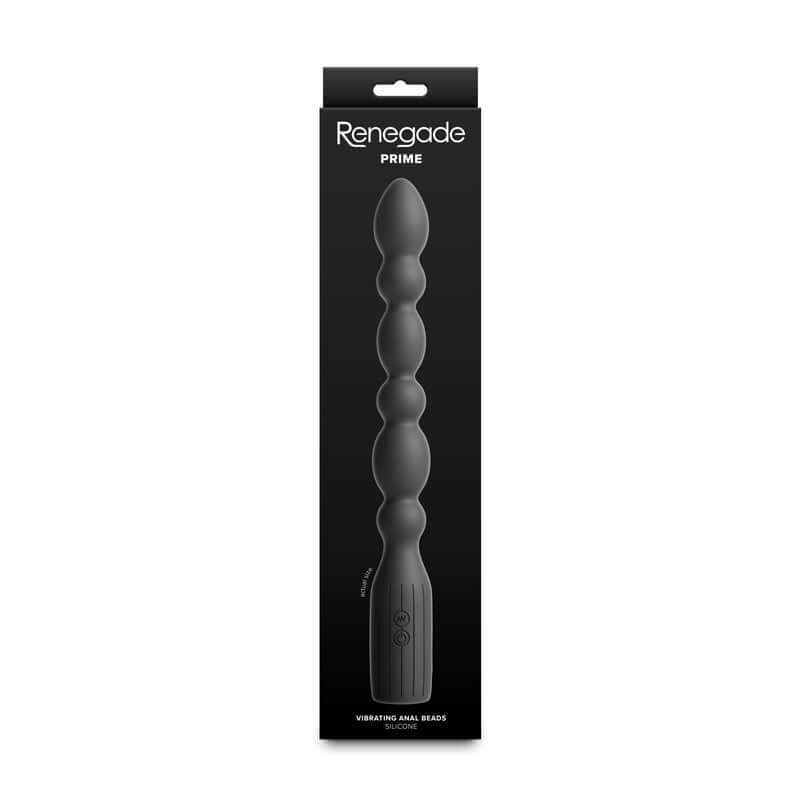 Renegade Prime USB rechargeable vibrating anal beads in sleek black packaging, showcasing the textured design.