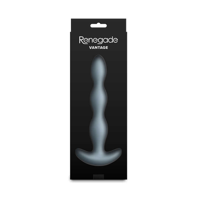 Renegade Vantage - Grey rechargeable vibrating anal beads in sleek packaging, designed for deep pleasure and stimulation.