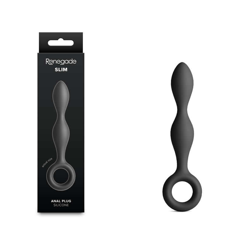 Renegade Slim 12.7 cm anal plug in black silicone, designed as a beginner anal plug with finger rings for comfort.